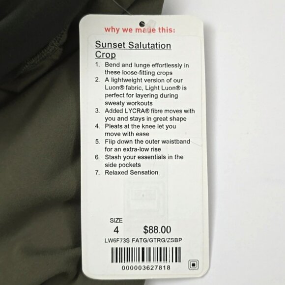 Lululemon Sunset Salutation Crop Pant Fatigue Green Black Relaxed Stretch Size 4 - Picture 10 of 16
